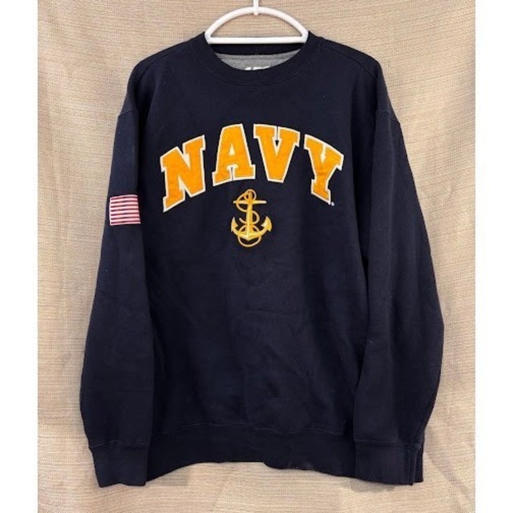 MV Sport Mens US Navy Crewneck Sweatshirt Blue Graphic Anchor Flag Patch Large